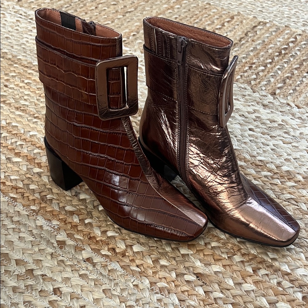 Jeffrey Campbell Croc-Embossed Brown and Metallic Bronze Ankle Boots